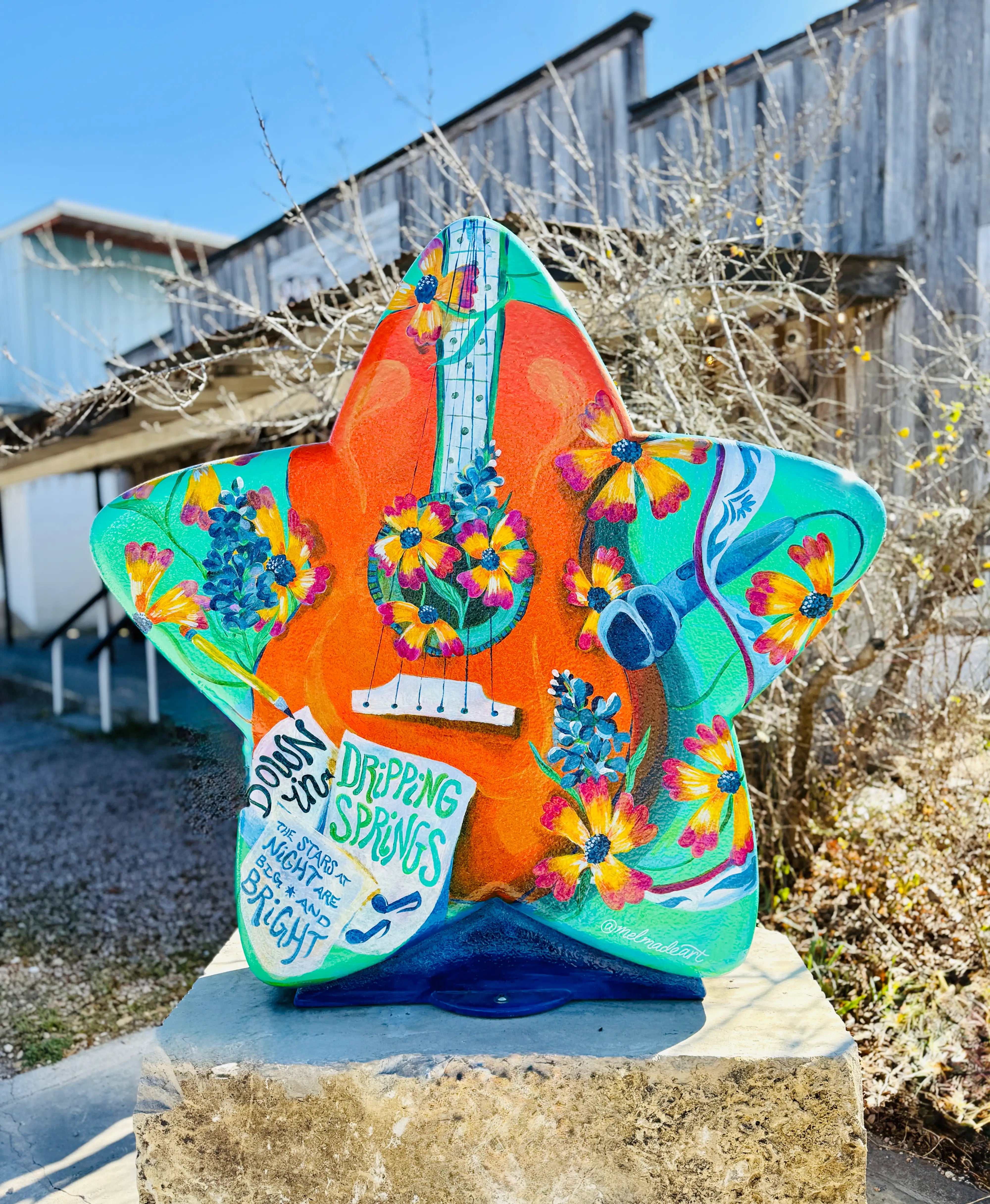 Stars on Mercer hand-painted guitar sculpture featuring wildflowers and 'Dripping Springs' text in the historic district - Rocte Coffee Company